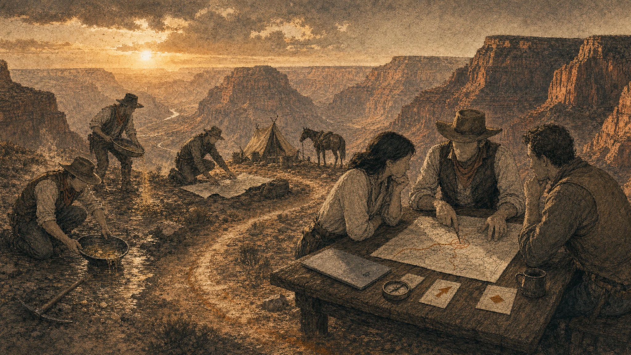 Des prospecteurs dispersés face au Grand Canyon, tandis qu’un groupe choisit une route commune autour d’une carte