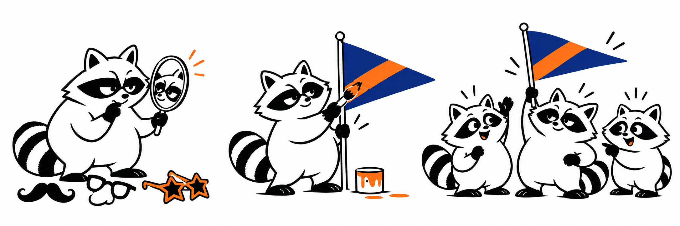 Trois illustrations d’un raton laveur qui clarifie une identité, construit un signal de marque et rassemble une équipe.