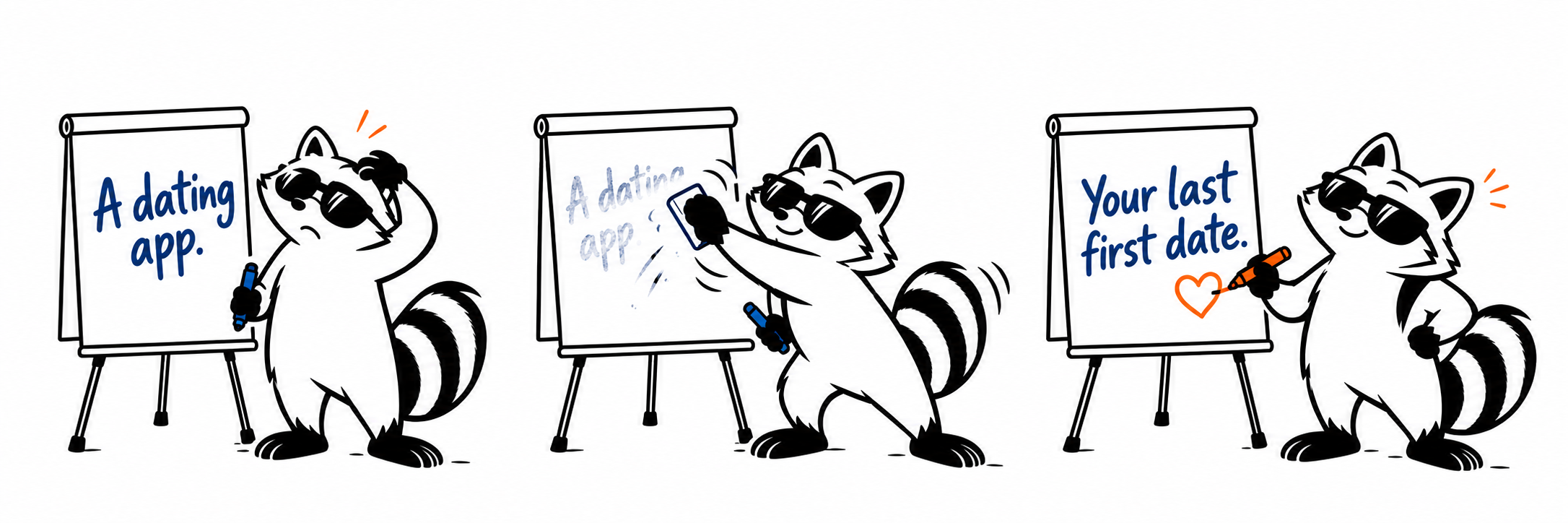 Trois illustrations d’un raton laveur qui transforme la promesse d’une application de rencontre sur un paperboard.