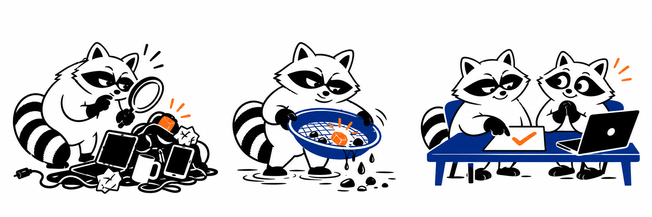 Trois illustrations d’un raton laveur qui audite des outils, filtre les usages et accompagne une équipe dans l’adoption de l’IA.